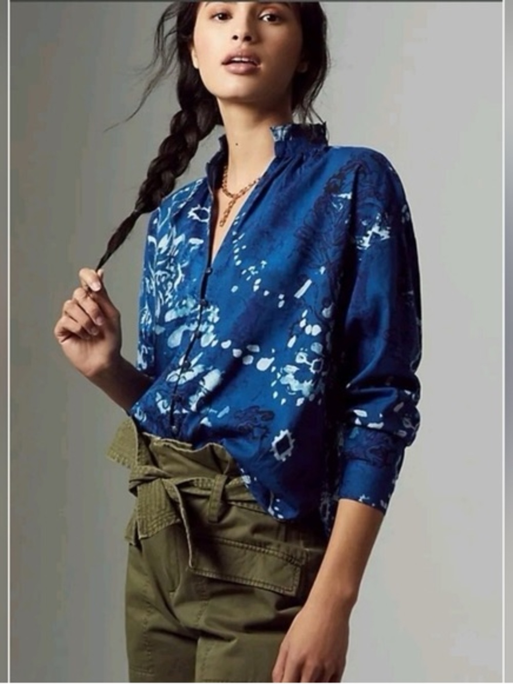Anthropologie pilcro tavi ruffled indigo blue button up blouse